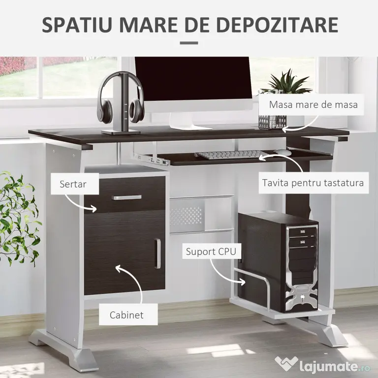 HOMCOM Birou pentru PC cu Sertare din Lemn, Masă pentru Calculator, 100x52x75 cm, Maro | Aosom Romania