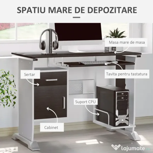 HOMCOM Birou pentru PC cu Sertare din Lemn, Masă pentru Calculator, 100x52x75 cm, Maro | Aosom Romania