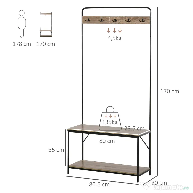 HOMCOM Set Hol cu Cuier, Bancă și Suport pentru Pantofi, Stil Industrial, Mobilier pentru Intrare, Metal și Lemn | Aosom Romania
