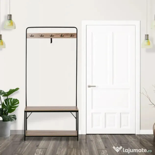 HOMCOM Set Hol cu Cuier, Bancă și Suport pentru Pantofi, Stil Industrial, Mobilier pentru Intrare, Metal și Lemn | Aosom Romania