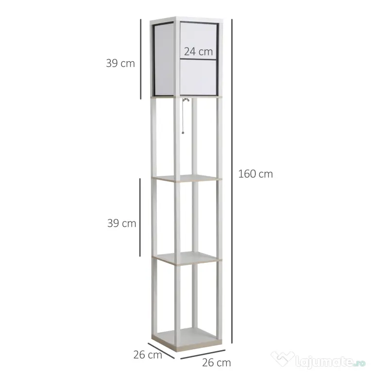 HOMCOM Lampă de Podea 40W cu 3 Rafturi Integrate și Comutator de Picior, Lampă Modernă din MDF și Acrilic, 26x26x160 cm, Alb | Aosom Romania