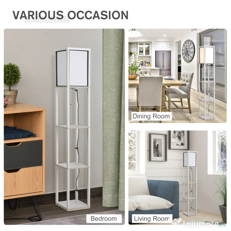 HOMCOM Lampă de Podea 40W cu 3 Rafturi Integrate și Comutator de Picior, Lampă Modernă din MDF și Acrilic, 26x26x160 cm, Alb | Aosom Romania