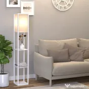 HOMCOM Lampă de Podea 40W cu 3 Rafturi și Comutator cu Pedală, din Lemn și PS, 26x26x160 cm, Albă 