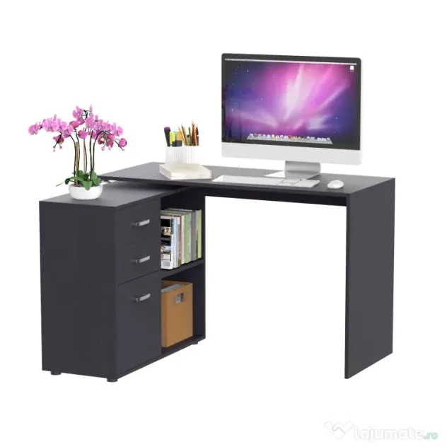 HOMCOM Masa de Birou de colt cu Sertar, pentru Birou si Casa, in Forma de L, Neagra