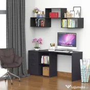HOMCOM Masa de Birou de colt cu Sertar, pentru Birou si Casa, in Forma de L, Neagra 