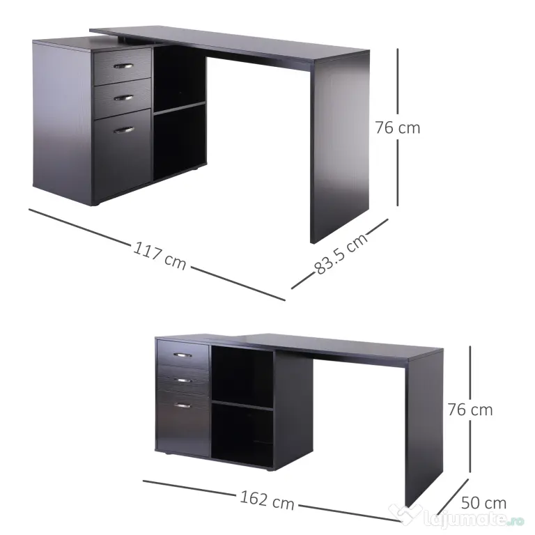 HOMCOM Masa de Birou de colt cu Sertar, pentru Birou si Casa, in Forma de L, Neagra