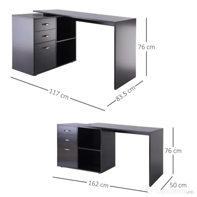 HOMCOM Masa de Birou de colt cu Sertar, pentru Birou si Casa, in Forma de L, Neagra