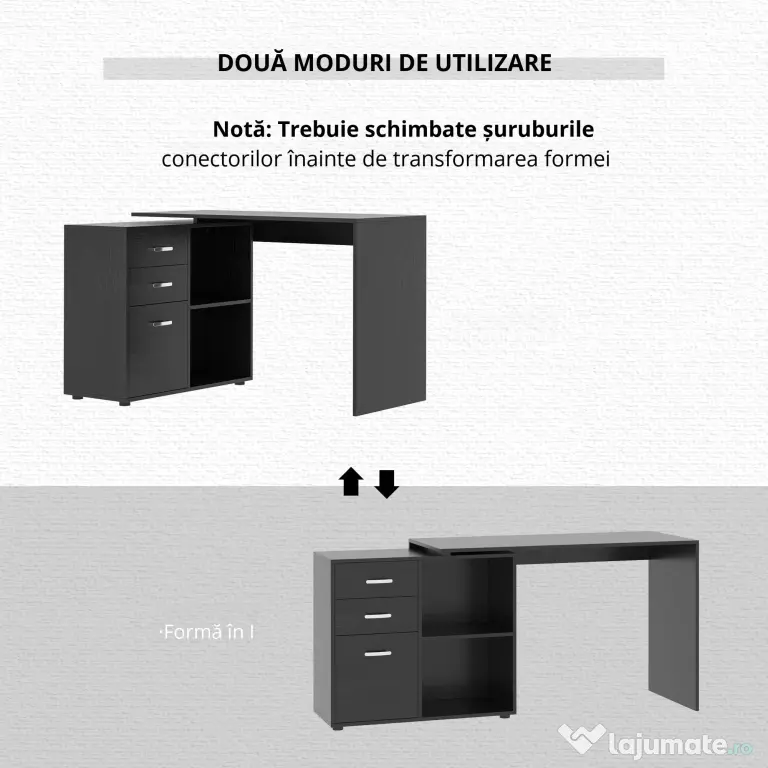 HOMCOM Masa de Birou de colt cu Sertar, pentru Birou si Casa, in Forma de L, Neagra