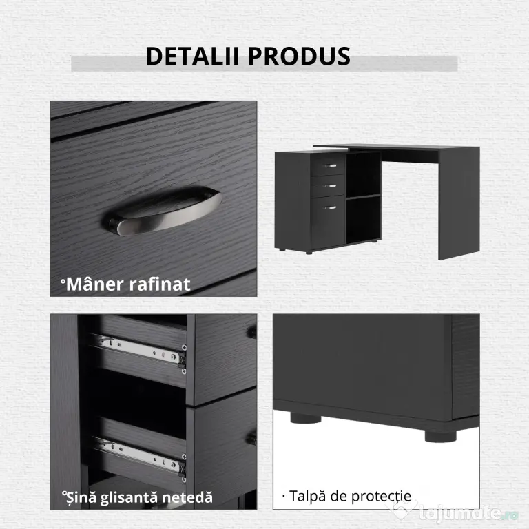 HOMCOM Masa de Birou de colt cu Sertar, pentru Birou si Casa, in Forma de L, Neagra