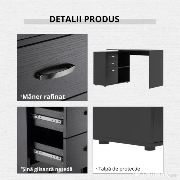 HOMCOM Masa de Birou de colt cu Sertar, pentru Birou si Casa, in Forma de L, Neagra