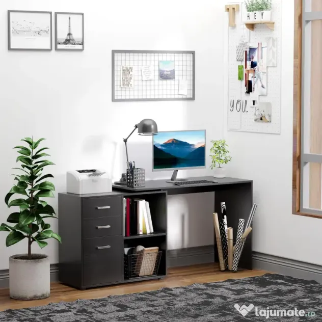 HOMCOM Masa de Birou de colt cu Sertar, pentru Birou si Casa, in Forma de L, Neagra