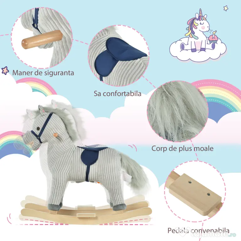 HOMCOM Balansoar Interactiv Cal Copii 36-72 Luni, Jucărie Pluș Educativă 64x73x35cm | Aosom Romania