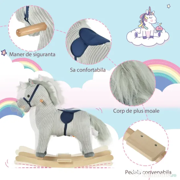 HOMCOM Balansoar Interactiv Cal Copii 36-72 Luni, Jucărie Pluș Educativă 64x73x35cm | Aosom Romania