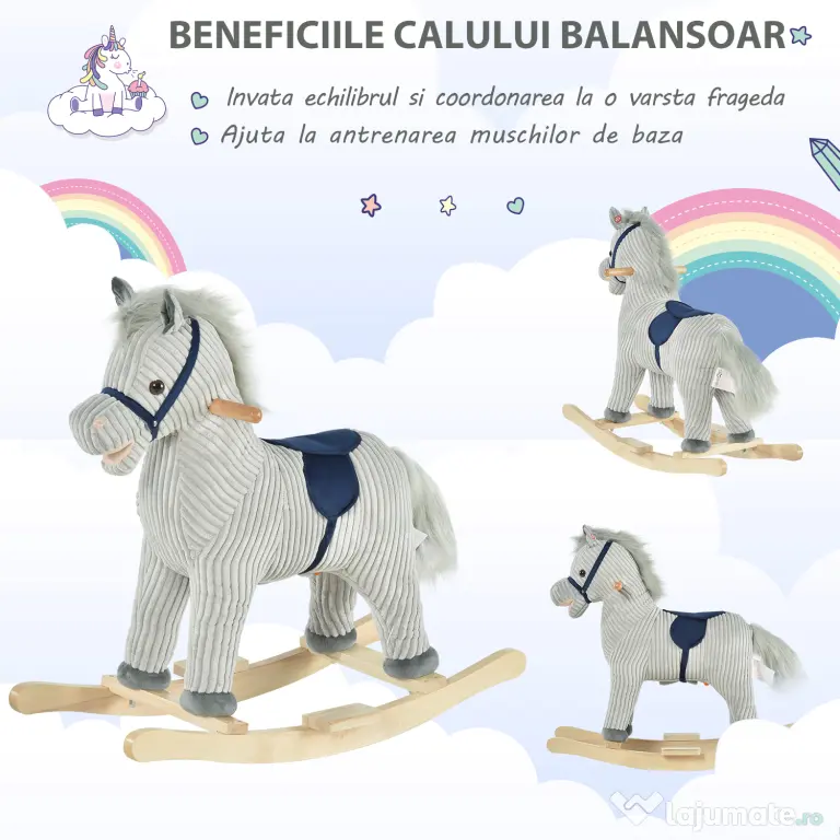 HOMCOM Balansoar Interactiv Cal Copii 36-72 Luni, Jucărie Pluș Educativă 64x73x35cm | Aosom Romania