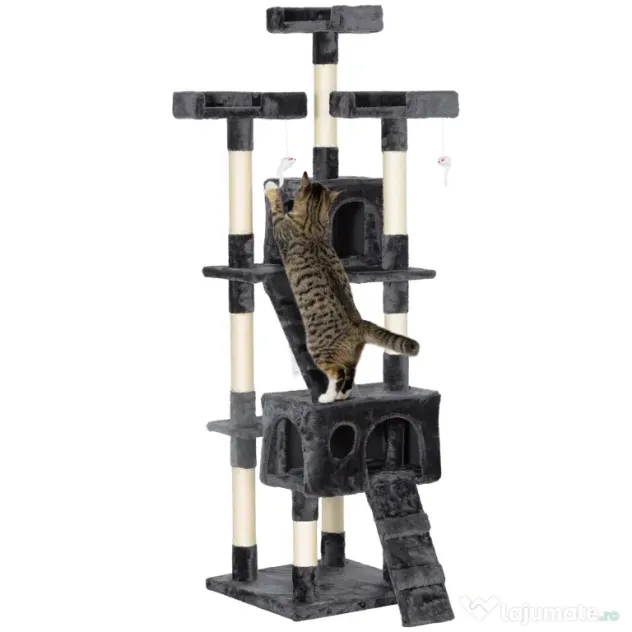 PawHut Albero Tiragraffi per Gatti con Due Cucce in Peluche e Sisal, Grigio, 50x50x170cm