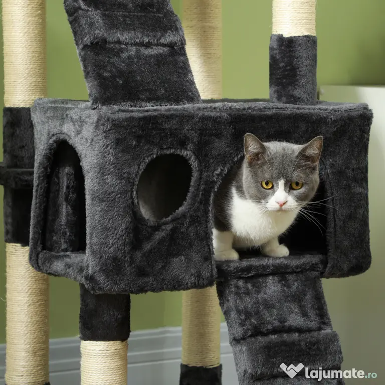 PawHut Albero Tiragraffi per Gatti con Due Cucce in Peluche e Sisal, Grigio, 50x50x170cm