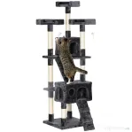 PawHut Pom pentru pisici cu 3 platforme, 2 căsuțe și jucării suspendate, din lemn și pluș, 49x49x173 cm, gri