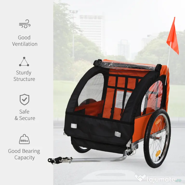 Homcom Remorca Bicicleta Copii – 2 Locuri, Siguranta & Cadru Otel