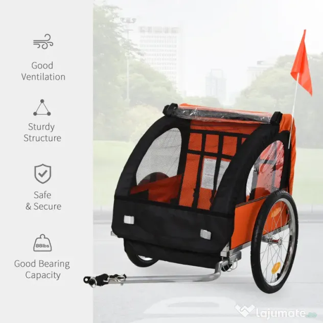 Homcom Remorca Bicicleta Copii – 2 Locuri, Siguranta & Cadru Otel