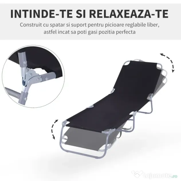 Outsunny Sezlong Pliabil pentru Grădină, Cadru Metalic și Țesătură Oxford Rezistentă, Negru | Aosom Romania