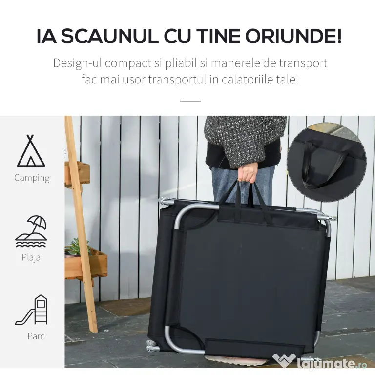 Outsunny Sezlong Pliabil pentru Grădină, Cadru Metalic și Țesătură Oxford Rezistentă, Negru | Aosom Romania