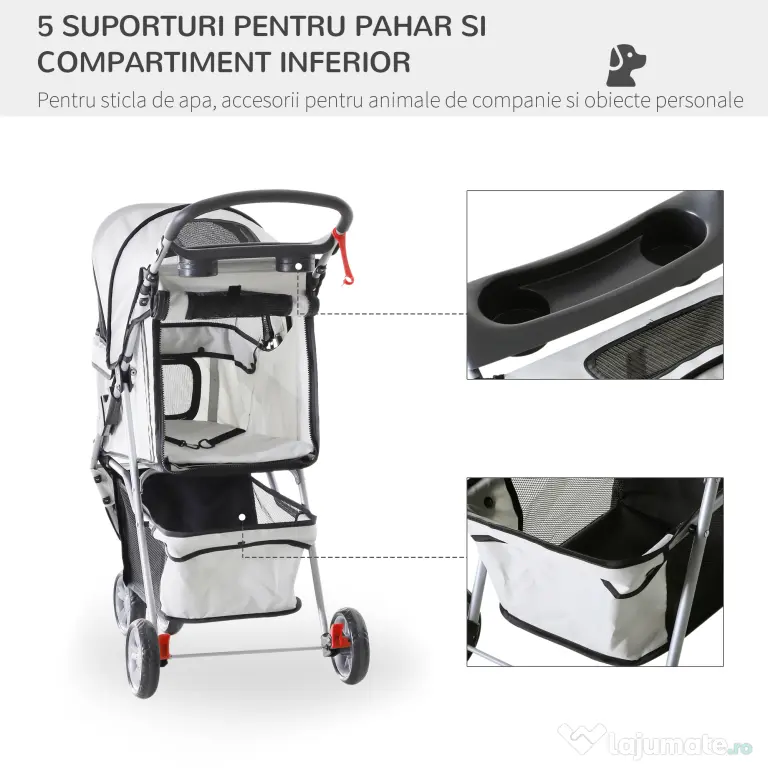 PawHut Cărucior Pliabil pentru Câini cu Roți, Coș de Depozitare și Căptușeală Detașabilă, 75x45x97 cm, Gri | Aosom Romania