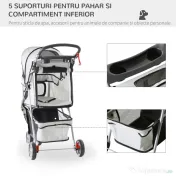 PawHut Cărucior Pliabil pentru Câini cu Roți, Coș de Depozitare și Căptușeală Detașabilă, 75x45x97 cm, Gri | Aosom Romania 