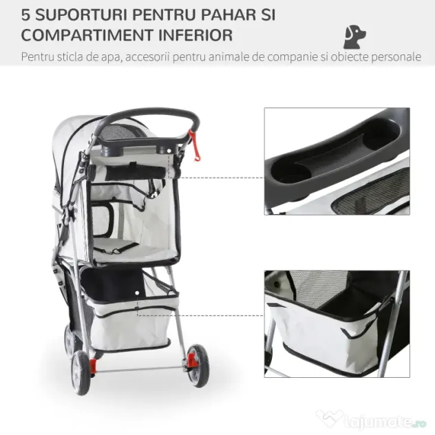 PawHut Cărucior Pliabil pentru Câini cu Roți, Coș de Depozitare și Căptușeală Detașabilă, 75x45x97 cm, Gri | Aosom Romania