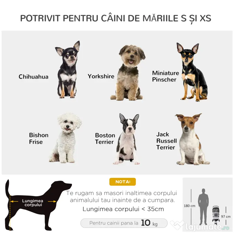 PawHut Cărucior Pliabil pentru Câini cu Roți, Coș de Depozitare și Căptușeală Detașabilă, 75x45x97 cm, Gri | Aosom Romania