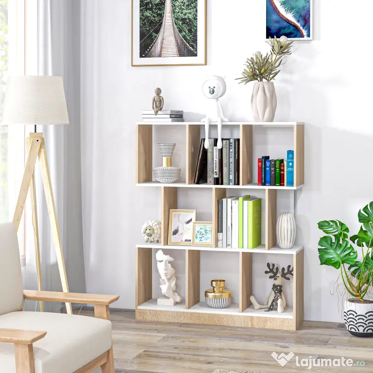 HOMCOM Bibliotecă Modernă din Lemn cu 3 Rafturi și Spații Deschise pentru Depozitare, Raft Cărți pentru Living, Birou sau Dormitor, 100x30x124 cm, Stejar și Alb