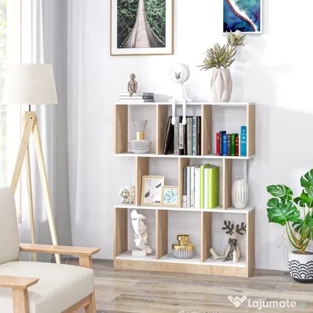 HOMCOM Bibliotecă Modernă din Lemn cu 3 Rafturi și Spații Deschise pentru Depozitare, Raft Cărți pentru Living, Birou sau Dormitor, 100x30x124 cm, Stejar și Alb