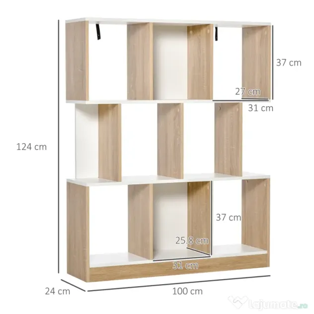 HOMCOM Bibliotecă Modernă din Lemn cu 3 Rafturi și Spații Deschise pentru Depozitare, Raft Cărți pentru Living, Birou sau Dormitor, 100x30x124 cm, Stejar și Alb