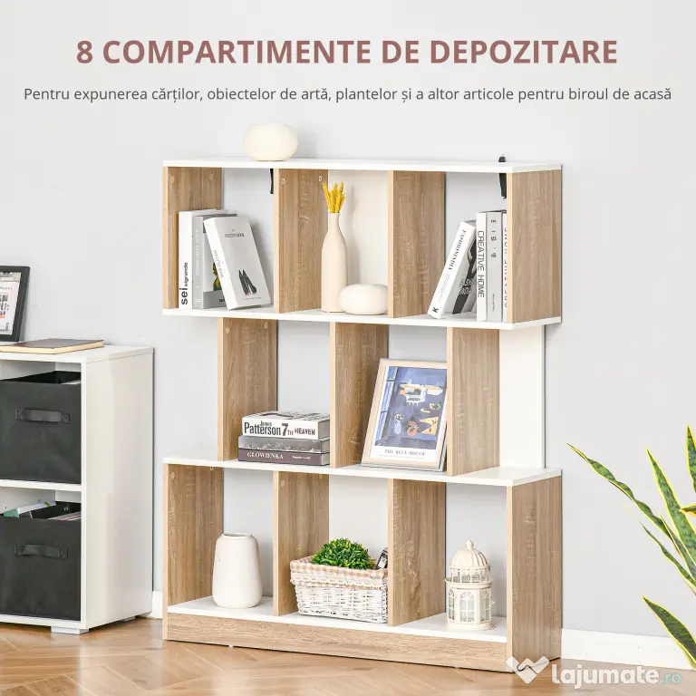 HOMCOM Bibliotecă Modernă din Lemn cu 3 Rafturi și Spații Deschise pentru Depozitare, Raft Cărți pentru Living, Birou sau Dormitor, 100x30x124 cm, Stejar și Alb