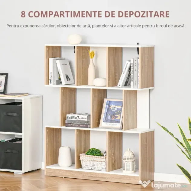 HOMCOM Bibliotecă Modernă din Lemn cu 3 Rafturi și Spații Deschise pentru Depozitare, Raft Cărți pentru Living, Birou sau Dormitor, 100x30x124 cm, Stejar și Alb
