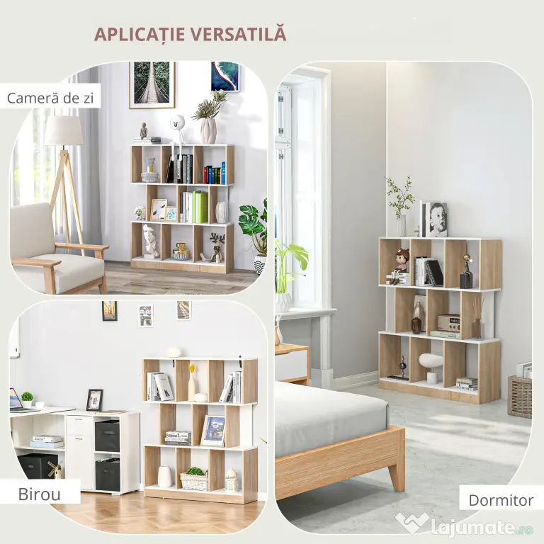 HOMCOM Bibliotecă Modernă din Lemn cu 3 Rafturi și Spații Deschise pentru Depozitare, Raft Cărți pentru Living, Birou sau Dormitor, 100x30x124 cm, Stejar și Alb