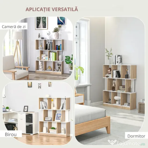 HOMCOM Bibliotecă Modernă din Lemn cu 3 Rafturi și Spații Deschise pentru Depozitare, Raft Cărți pentru Living, Birou sau Dormitor, 100x30x124 cm, Stejar și Alb