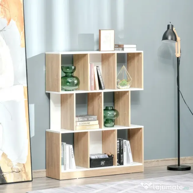 HOMCOM Bibliotecă Modernă din Lemn cu 3 Rafturi și Spații Deschise pentru Depozitare, Raft Cărți pentru Living, Birou sau Dormitor, 100x30x124 cm, Stejar și Alb