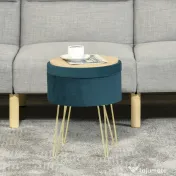 HOMCOM Puf Modern cu Spațiu de Depozitare din In, Scaun Suport Picioare cu Picioare Metalice Aurii, Tava Lemn, Verde | Aosom Romania 
