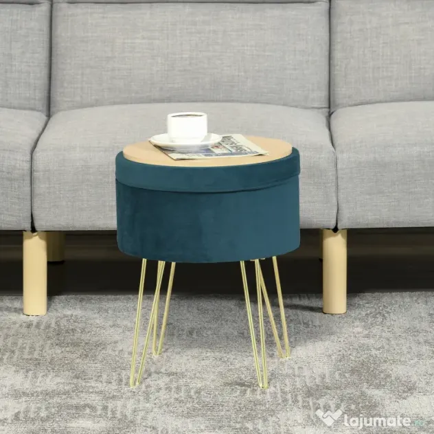 HOMCOM Puf Modern cu Spațiu de Depozitare din In, Scaun Suport Picioare cu Picioare Metalice Aurii, Tava Lemn, Verde | Aosom Romania