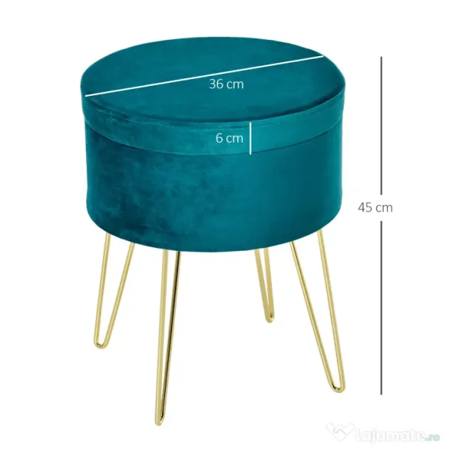 HOMCOM Puf Modern cu Spațiu de Depozitare din In, Scaun Suport Picioare cu Picioare Metalice Aurii, Tava Lemn, Verde | Aosom Romania
