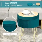 HOMCOM Puf Modern cu Spațiu de Depozitare din In, Scaun Suport Picioare cu Picioare Metalice Aurii, Tava Lemn, Verde | Aosom Romania 
