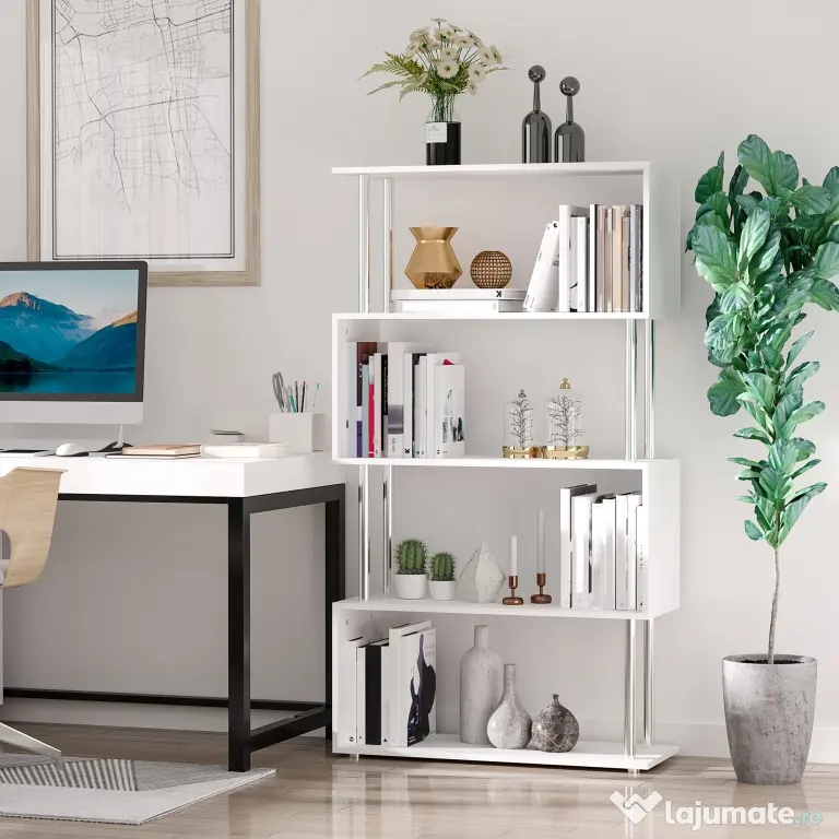 HOMCOM Bibliotecă de Design Modern cu 4 Rafturi, Etajeră Divizoare și Organizator pentru Cărți, 80x30x145cm, Alb
