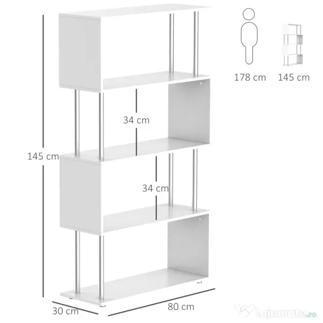 HOMCOM Bibliotecă de Design Modern cu 4 Rafturi, Etajeră Divizoare și Organizator pentru Cărți, 80x30x145cm, Alb