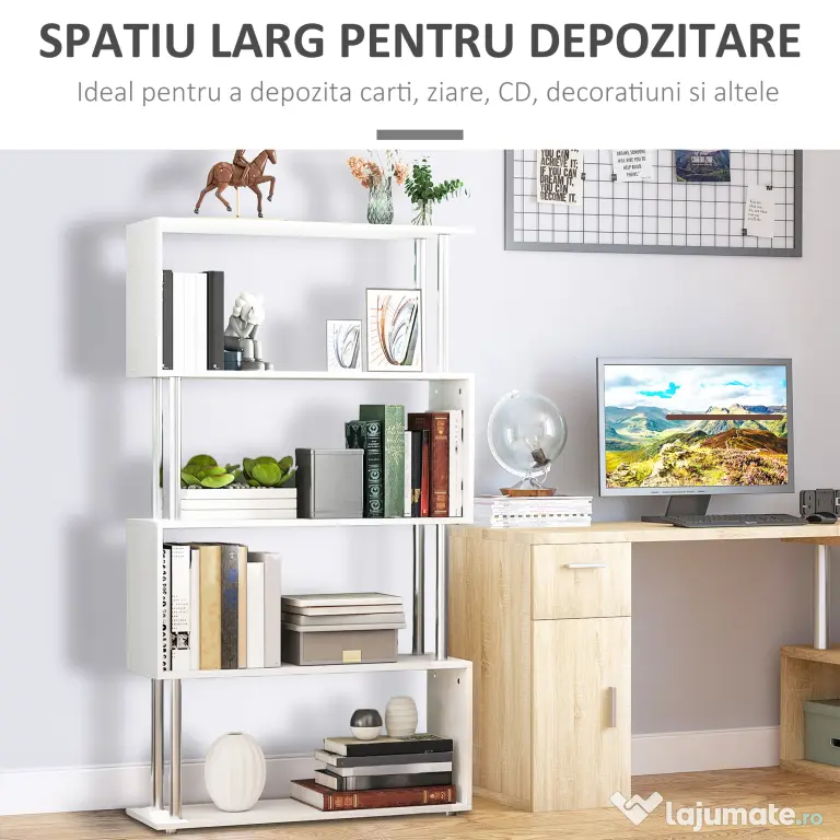 HOMCOM Bibliotecă de Design Modern cu 4 Rafturi, Etajeră Divizoare și Organizator pentru Cărți, 80x30x145cm, Alb