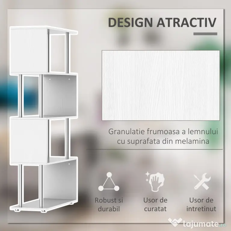 HOMCOM Bibliotecă de Design Modern cu 4 Rafturi, Etajeră Divizoare și Organizator pentru Cărți, 80x30x145cm, Alb