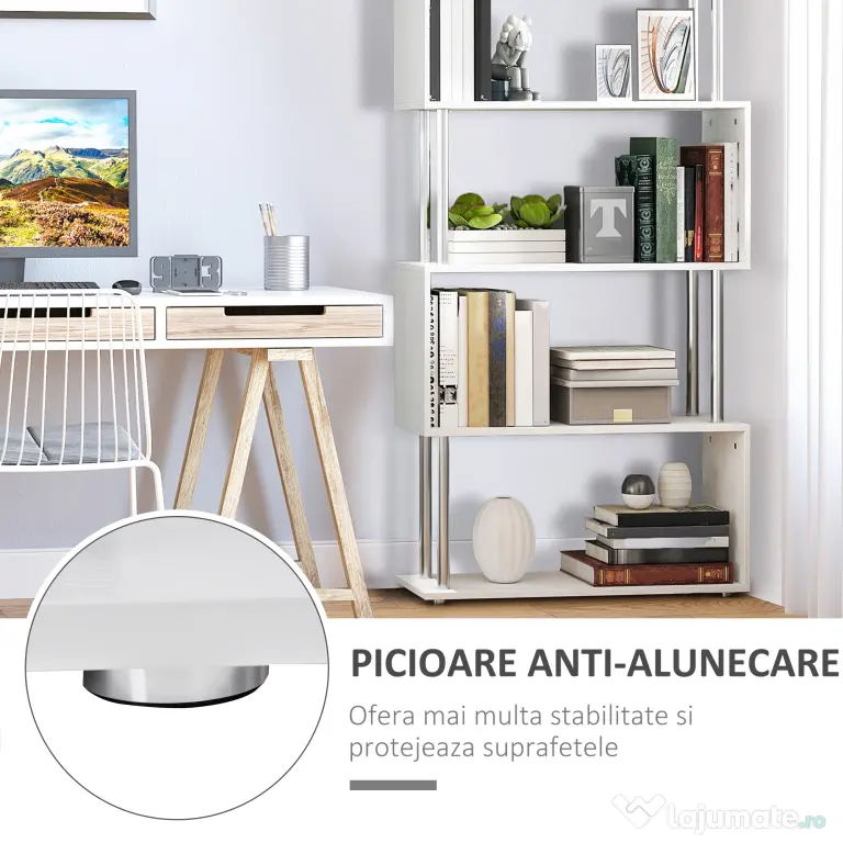 HOMCOM Bibliotecă de Design Modern cu 4 Rafturi, Etajeră Divizoare și Organizator pentru Cărți, 80x30x145cm, Alb