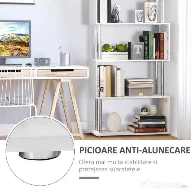 HOMCOM Bibliotecă de Design Modern cu 4 Rafturi, Etajeră Divizoare și Organizator pentru Cărți, 80x30x145cm, Alb