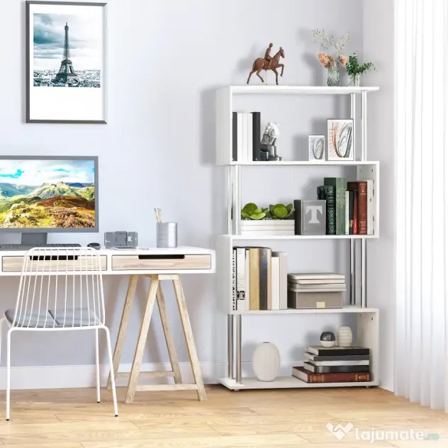 HOMCOM Bibliotecă de Design Modern cu 4 Rafturi, Etajeră Divizoare și Organizator pentru Cărți, 80x30x145cm, Alb