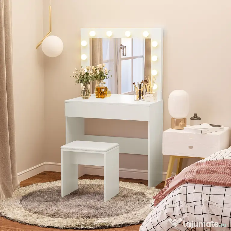 HOMCOM Masă de Machiaj Vintage cu Scaun Tapitat, Oglindă cu 12 Lămpi LED, Sertar Mare, MDF Alb, pentru Dormitor | Aosom Romania