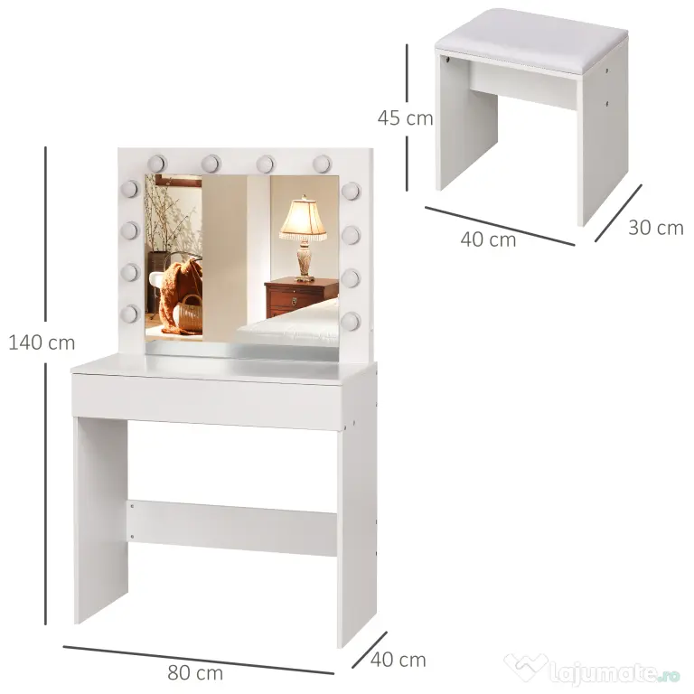 HOMCOM Masă de Machiaj Vintage cu Scaun Tapitat, Oglindă cu 12 Lămpi LED, Sertar Mare, MDF Alb, pentru Dormitor | Aosom Romania